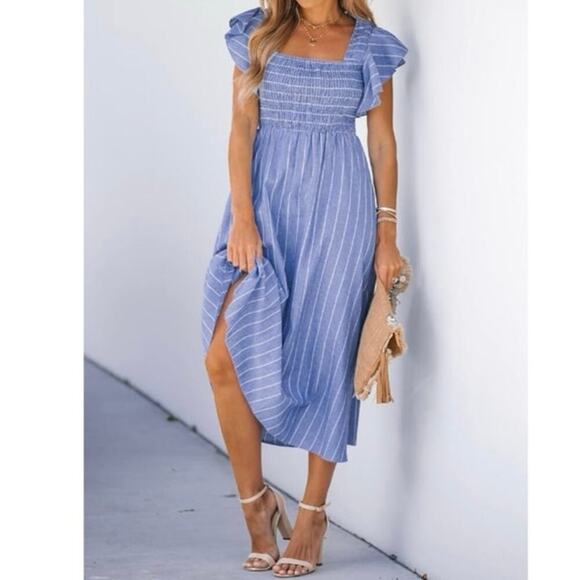 Cupshe Blue Pinstriped Smocked Maxi Beach Dress Ruffle Cap Sleeve Size Large NEW - Picture 4 of 13